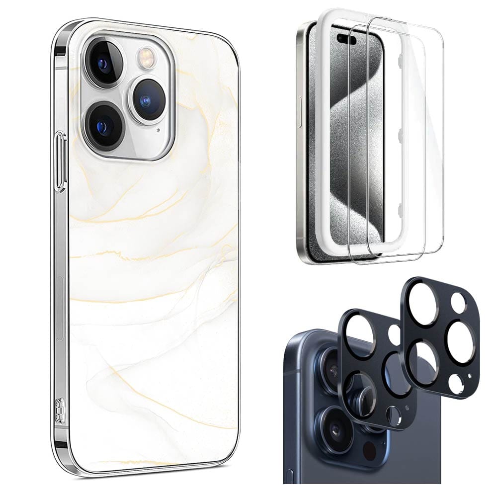 Inspire Series White Marble Case with Screen and Camera Protector - iPhone 15 Pro Max