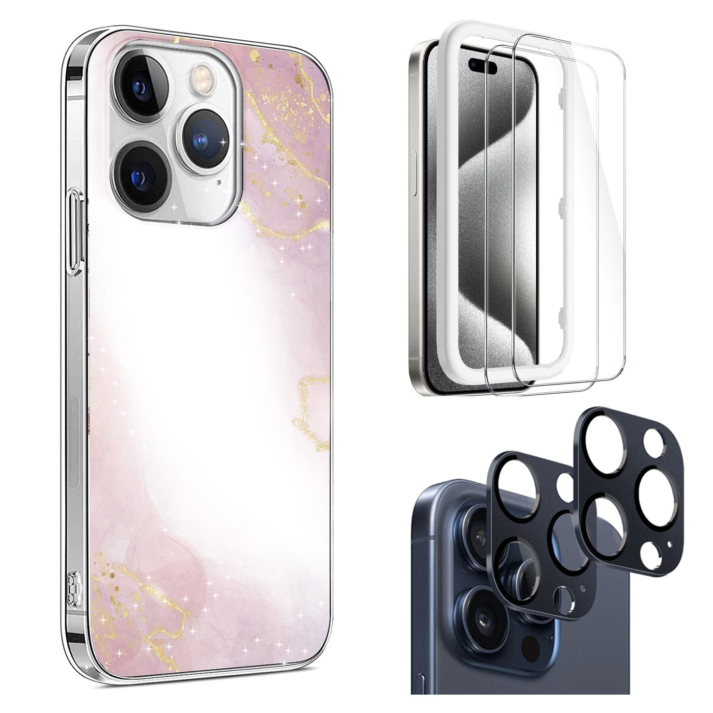 Inspire Series Pink Marble Case with Screen and Camera Protector - iPhone 15 Pro