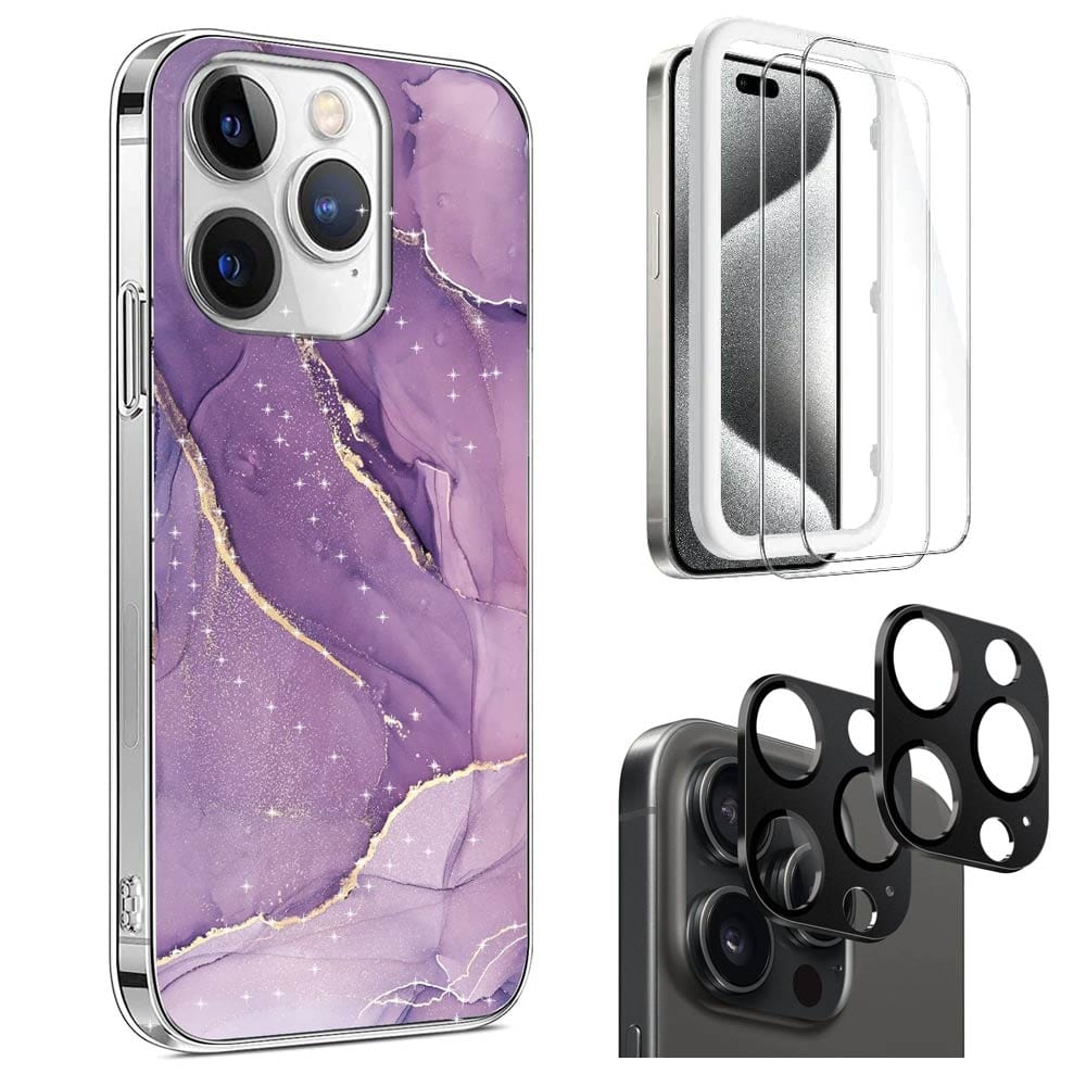 Inspire Series Purple Marble Case with Screen and Camera Protector - iPhone 15 Pro