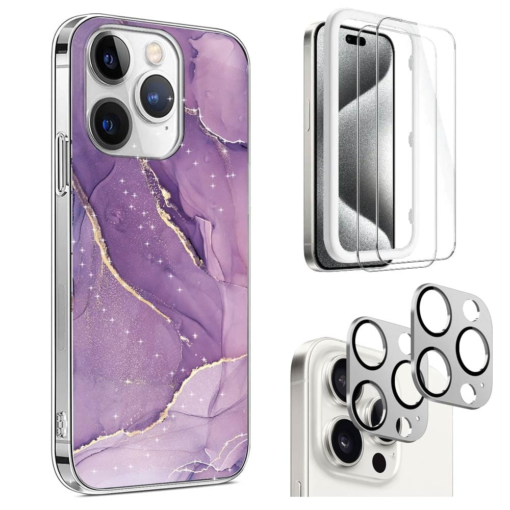 Inspire Series Purple Marble Case with Screen and Camera Protector - iPhone 15 Pro