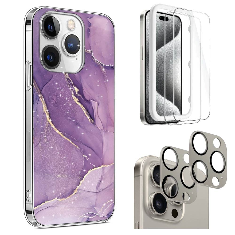 Inspire Series Purple Marble Case with Screen and Camera Protector - iPhone 15 Pro