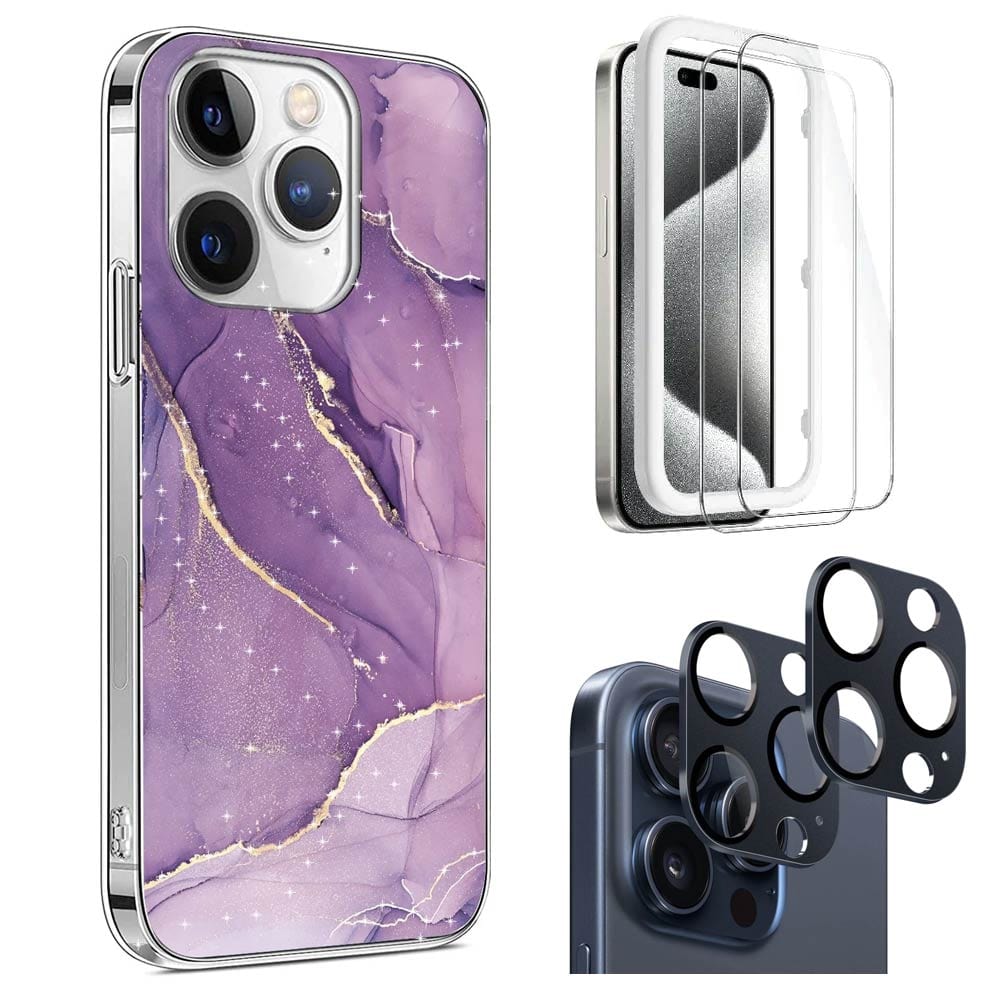 Inspire Series Purple Marble Case with Screen and Camera Protector - iPhone 15 Pro
