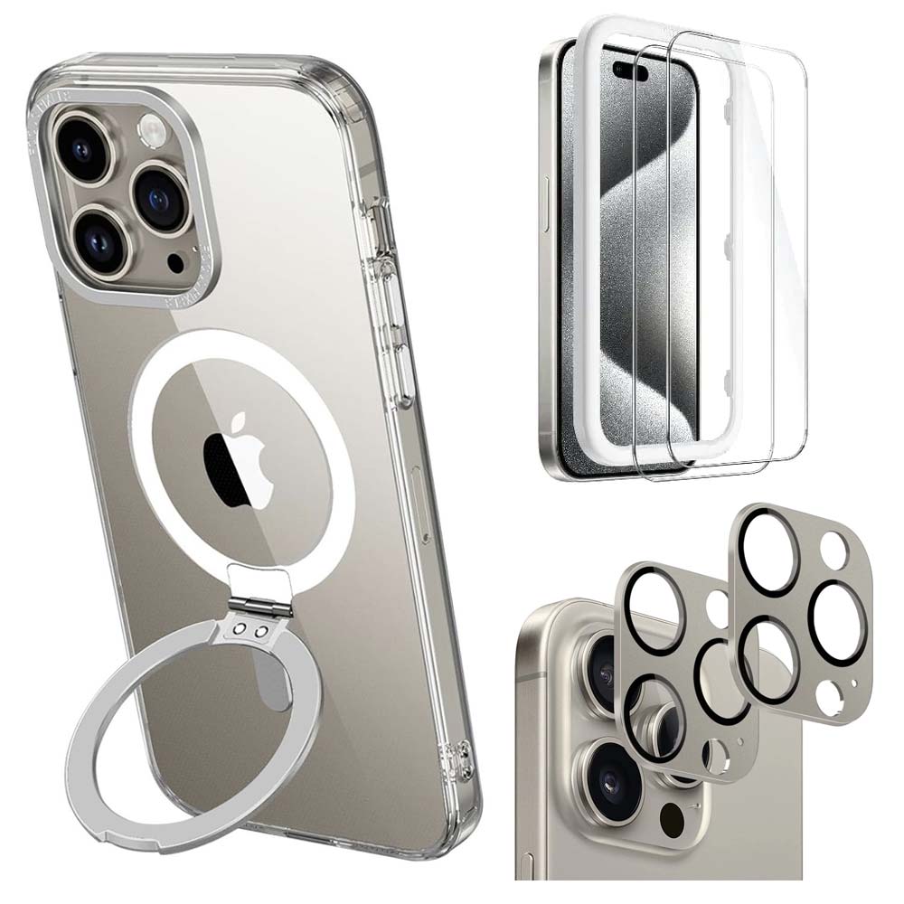 Clear Hybrid-Flex Kickstand Case with Screen and Camera Protector - iPhone 15 Pro Max