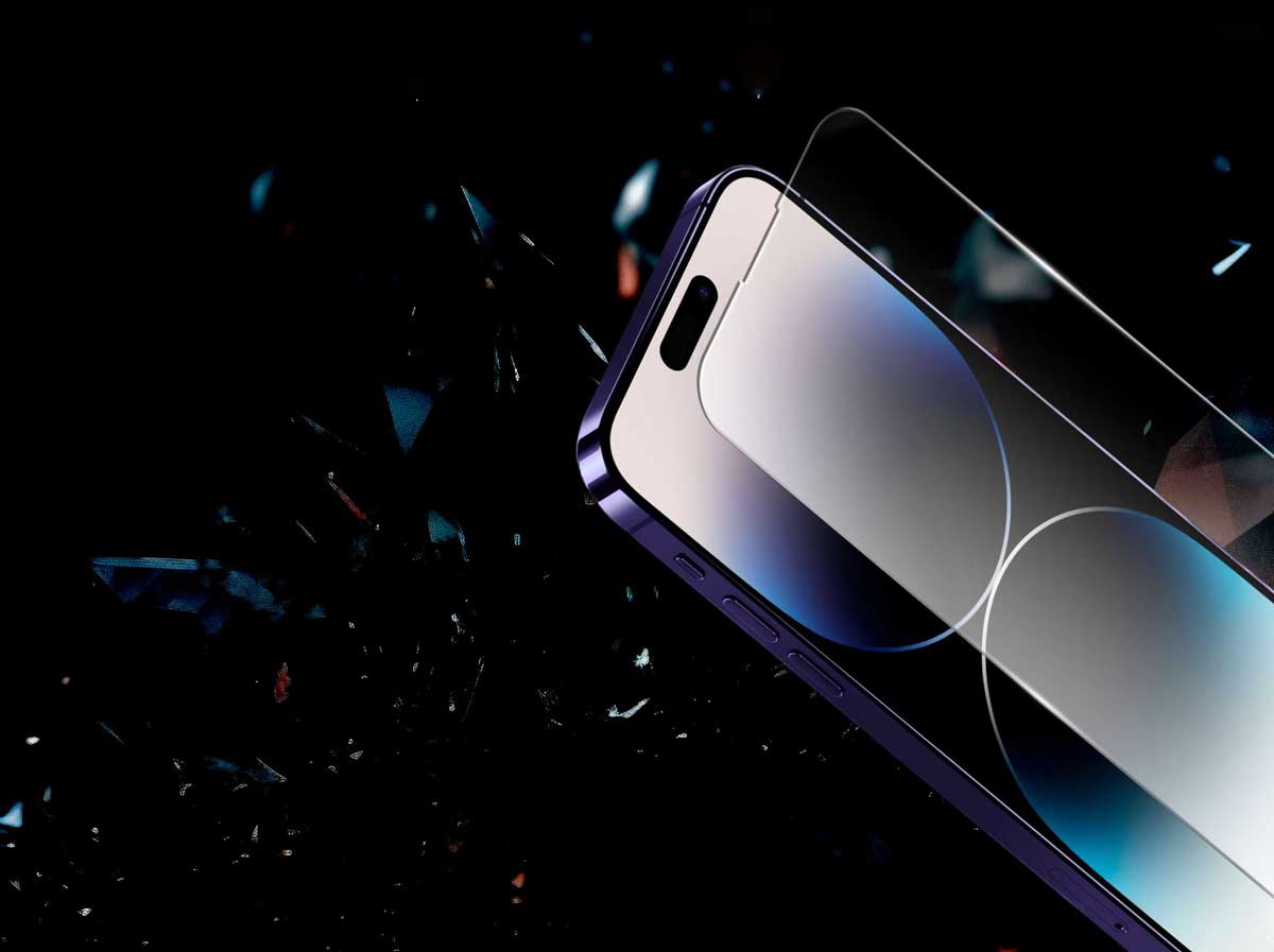 Tempered glass shield for smartphones, emphasizing scratch resistance and durability.