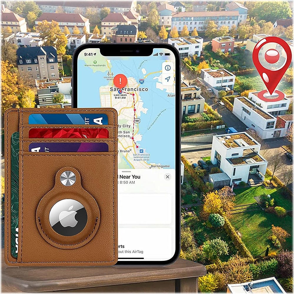Slim Genuine Leather Wallet Case for Apple AirTag - Brown