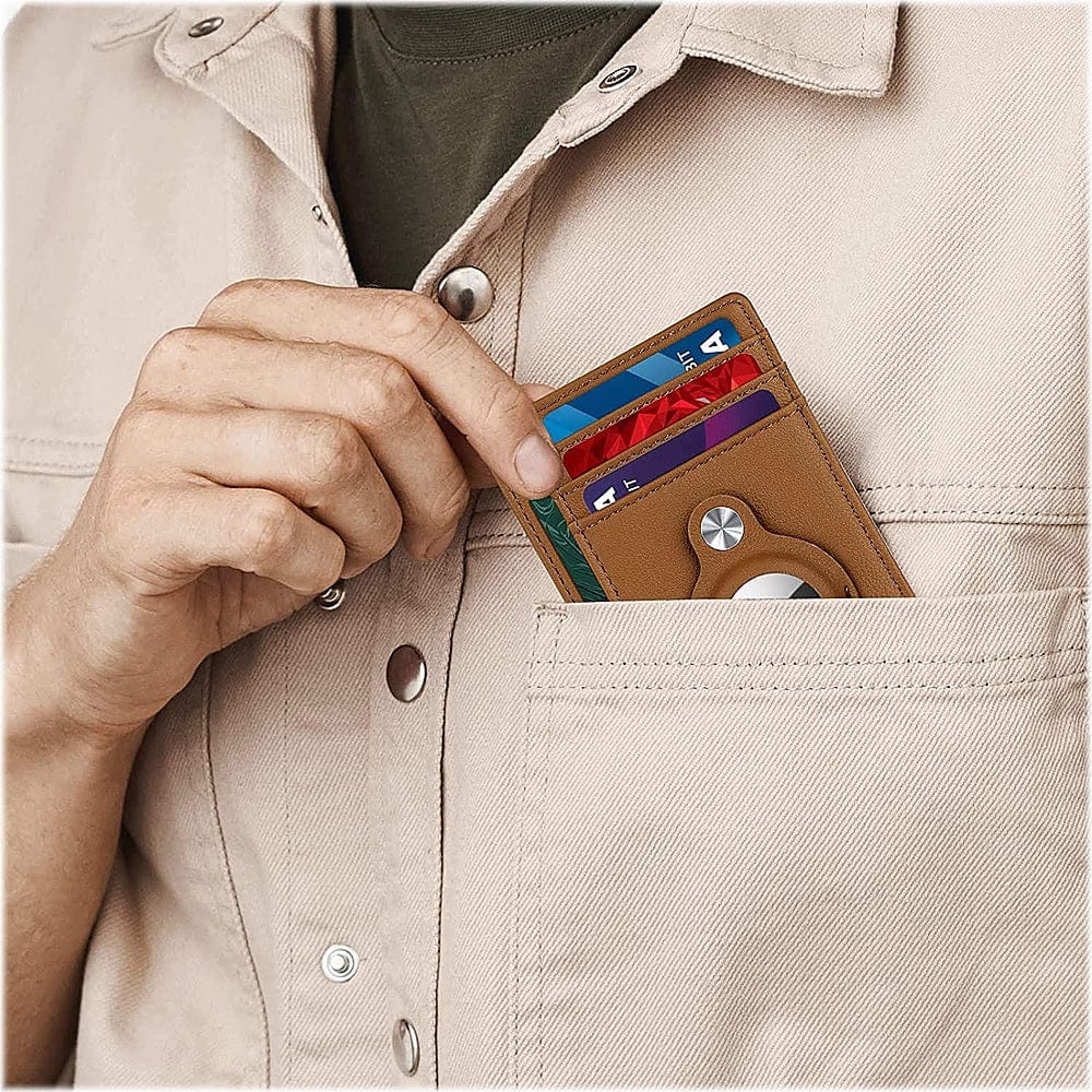 Slim Genuine Leather Wallet Case for Apple AirTag - Brown