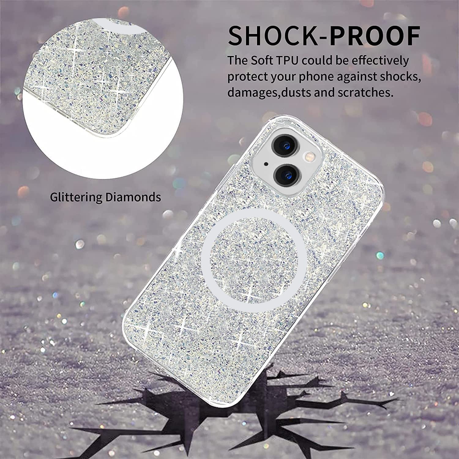 Sparkle Case with MagSafe for iPhone 13 & iPhone 14 - Clear, Silver