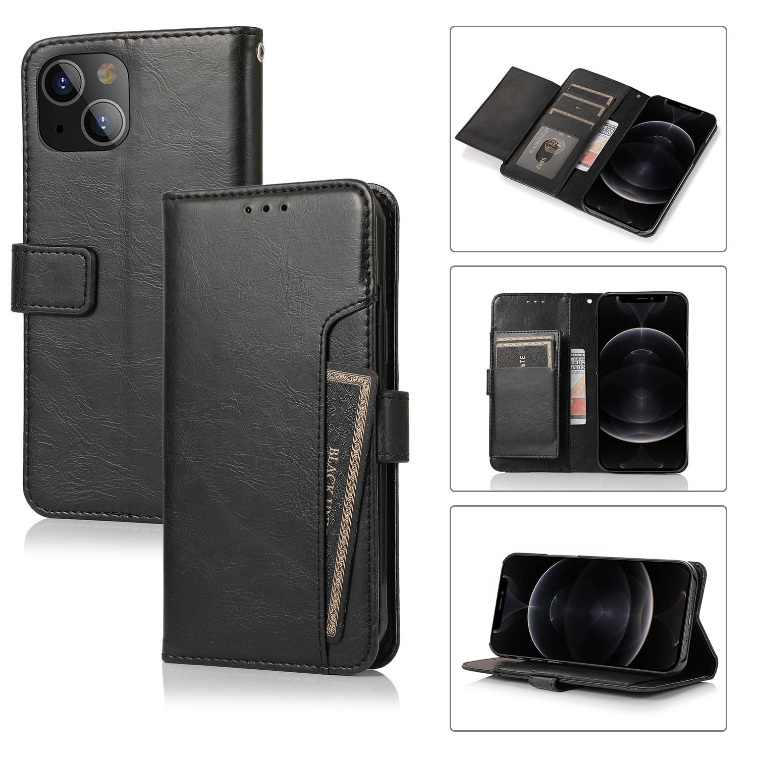 Black Apple iPhone 13 Mini Wallet Case - Leather Wallet Series