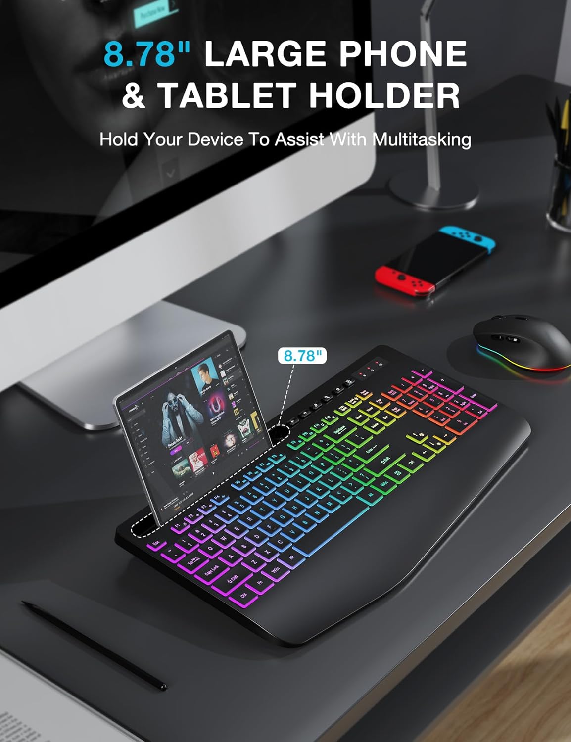 Rechargeable Silent Wireless Keyboard & Mouse Combo - 106 Keys Ergonomic, RGB Backlight, Phone Holder