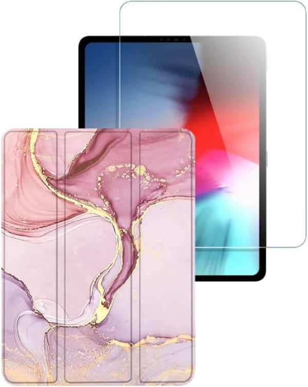 Apple iPad Pro 12.9" (4th,5th, and 6th Gen 2020-2022) Protection Kit Bundle - Marble Series Folio Case with Tempered Glass Screen (Rose Gold)