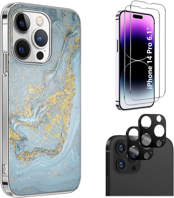 iPhone 14 Pro 6.1-inch Protection Kit Bundle - Marble Series Case with Tempered Glass Screen and Camera Protector (Blue Marble)