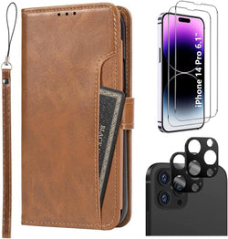 iPhone 14 Pro 6.1-inch Protection Kit Bundle - Folio Wallet Case with Tempered Glass Screen and Camera Protector (Brown)