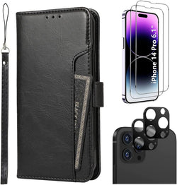 iPhone 14 Pro 6.1-inch Protection Kit Bundle - Folio Wallet Case with Tempered Glass Screen and Camera Protector (Black)