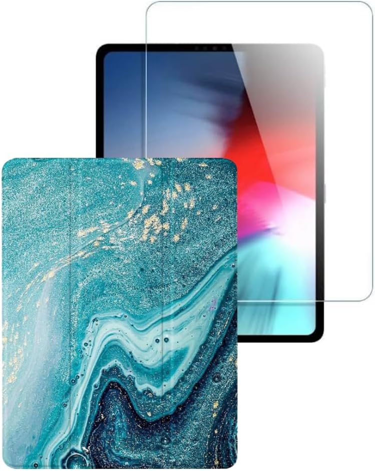 Apple iPad Pro 12.9" (4th,5th, and 6th Gen 2020-2022) Protection Kit Bundle - Marble Series Folio Case with Tempered Glass Screen - Green/Blue