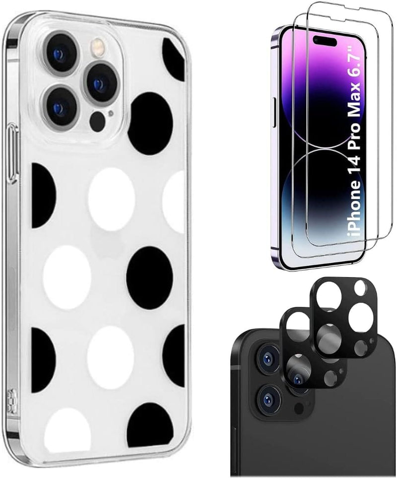 iPhone 14 Pro Max Protection Kit Bundle - Polkadot Hybrid-Flex Hard Shell Case with Tempered Glass Screen and Camera Protector (Clear/Black/White)