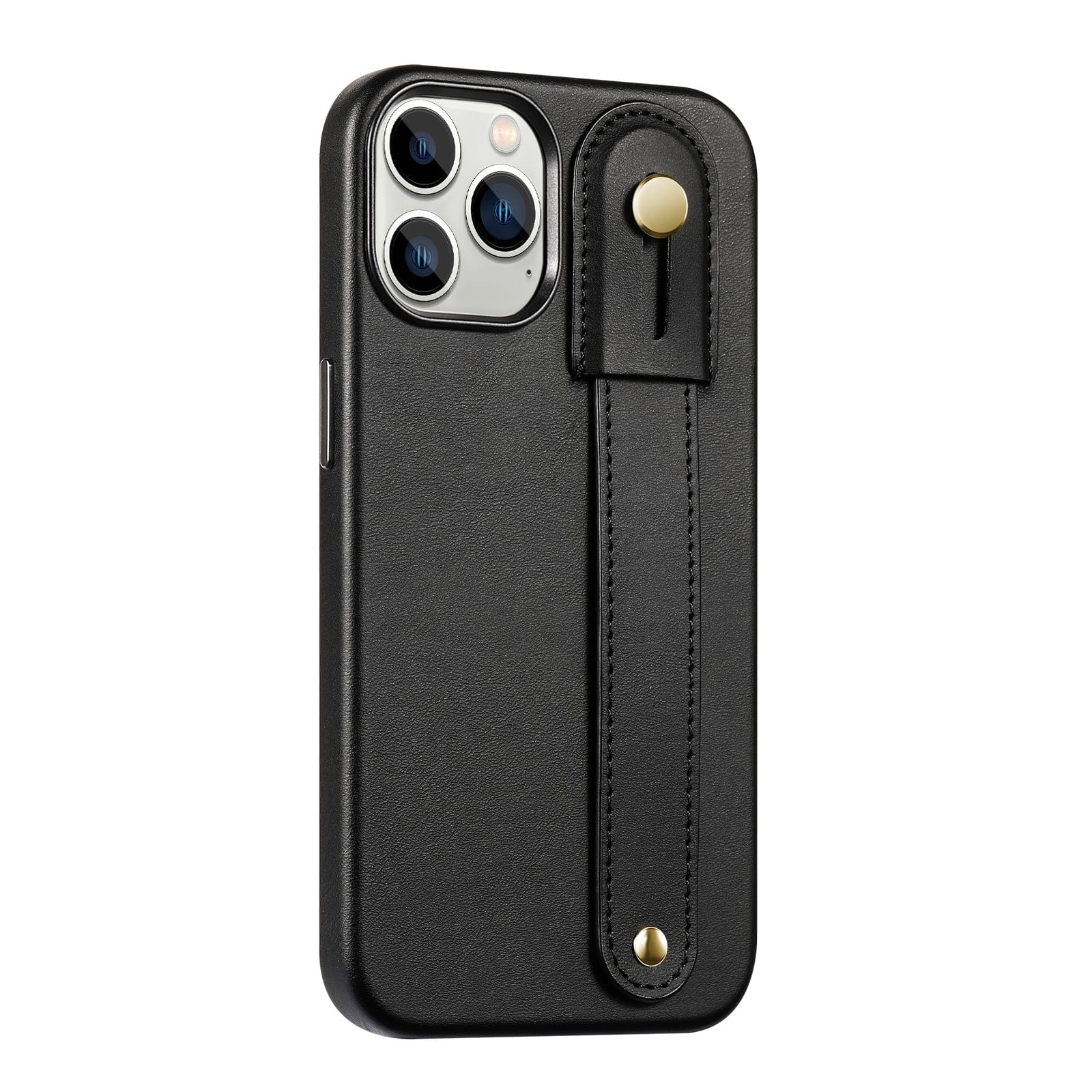 Protection Kit Bundle - Genuine Leather FingerGrip Case with Tempered Glass Screen and Camera Protector for iPhone 15 Pro Max - Black