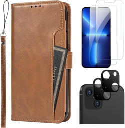 iPhone 14 Plus 6.7-Inch Protection Kit Bundle - Folio Wallet Case with Tempered Glass Screen and Camera Protector (Brown)