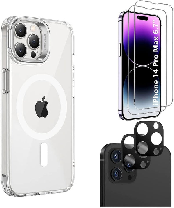 iPhone 14 Pro Max Protection Kit Bundle - Hybrid-Flex Kickstand Case with Tempered Glass Screen and Camera Protector - Clear