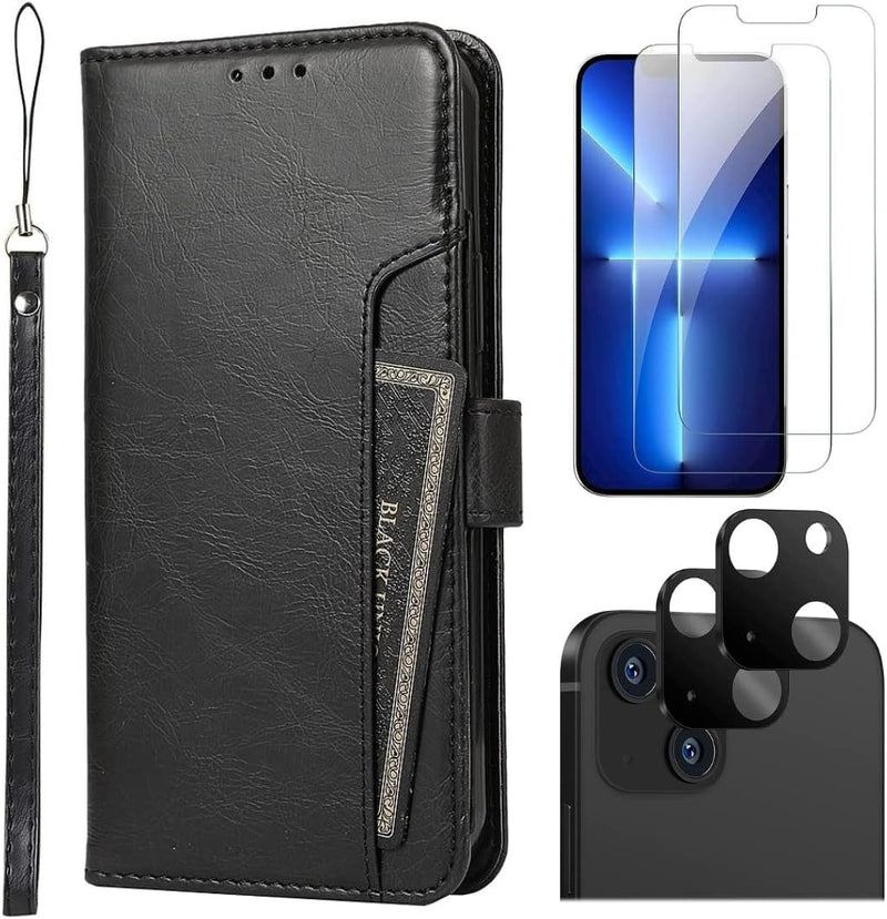 iPhone 14 Plus 6.7-Inch Protection Kit Bundle - Folio Wallet Case with Tempered Glass Screen and Camera Protector (Black)