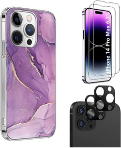 iPhone 14 Pro Max 6.7-inch Protection Kit Bundle - Marble Series Case with Tempered Glass Screen and Camera Protector (Purple Marble)