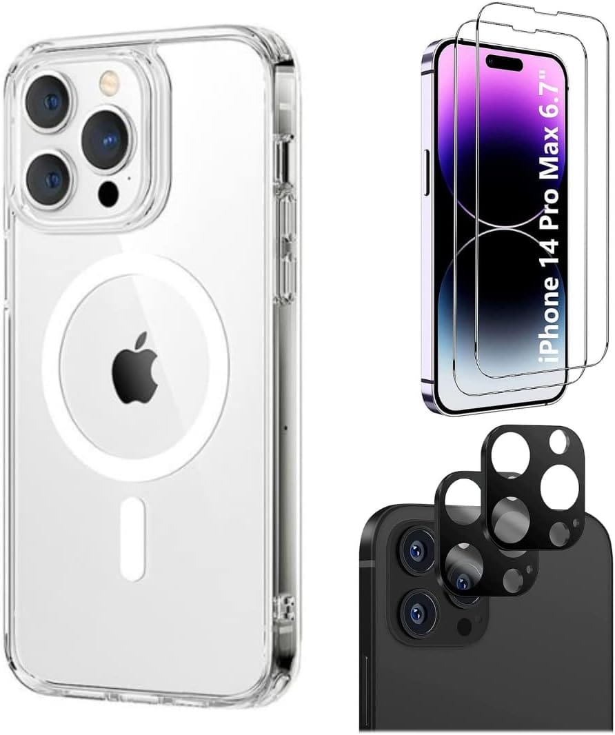 iPhone 14 Pro Max 6.7-inch Protection Kit Bundle - Hybrid-Flex Hard Shell Case with Tempered Glass Screen and Camera Protector - Clear