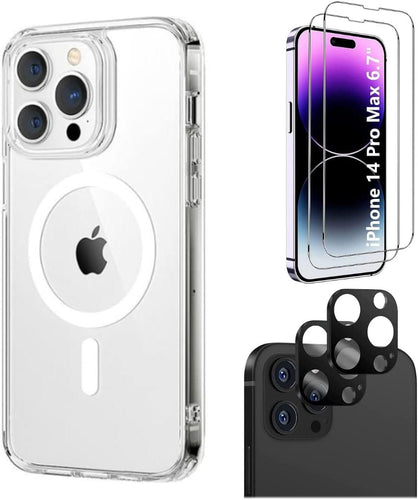 iPhone 14 Pro Max 6.7-inch Protection Kit Bundle - Hybrid-Flex Hard Shell Case with Tempered Glass Screen and Camera Protector - Clear