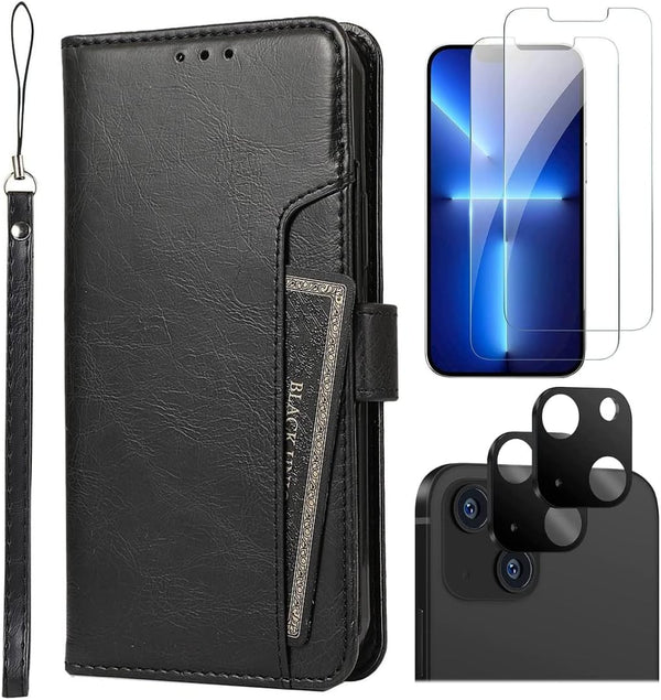 iPhone 14 6.1-Inch Protection Kit Bundle - Folio Wallet Case with Tempered Glass Screen and Camera Protector (Black)