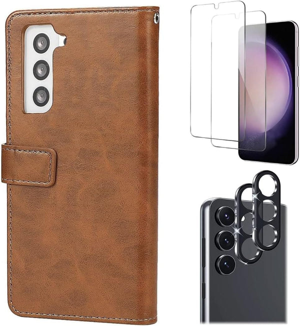 Samsung Galaxy S23 Protection Kit Bundle - Folio Wallet Case with Tempered Glass Screen and Camera Protector - Brown