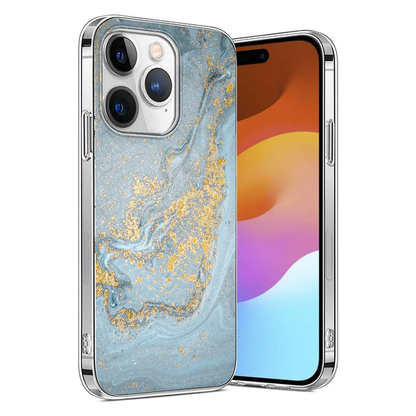 Apple iPhone 15 Pro Max Protection Kit Bundle - Marble Series Case with MagSafe and Tempered Glass Screen and Camera Protector - Blue Marble