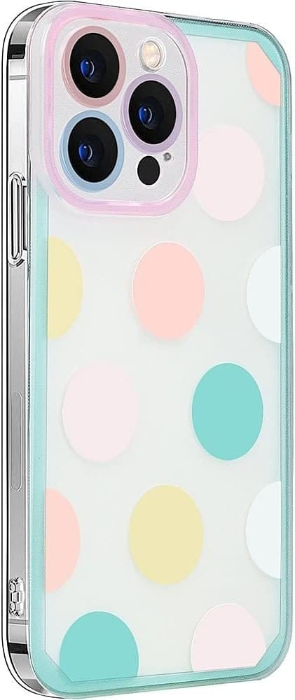 iPhone 14 Pro Max Protection Kit Bundle - Polkadot Hybrid-Flex Hard Shell Case with Tempered Glass Screen and Camera Protector (Clear/Pink/Teal)