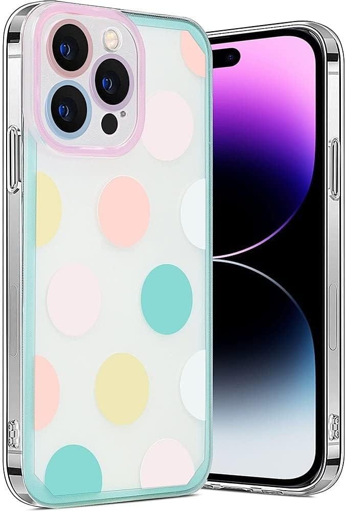 iPhone 14 Pro Max Protection Kit Bundle - Polkadot Hybrid-Flex Hard Shell Case with Tempered Glass Screen and Camera Protector (Clear/Pink/Teal)