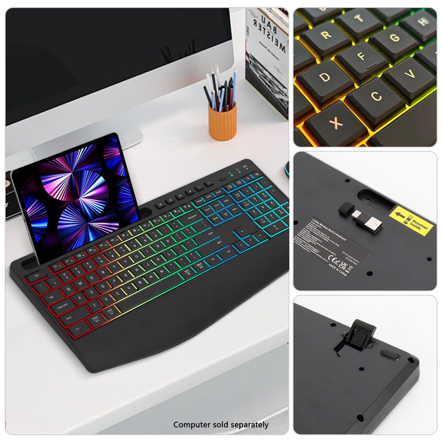Rechargeable Silent Wireless Keyboard & Mouse Combo - 106 Keys Ergonomic, RGB Backlight, Phone Holder