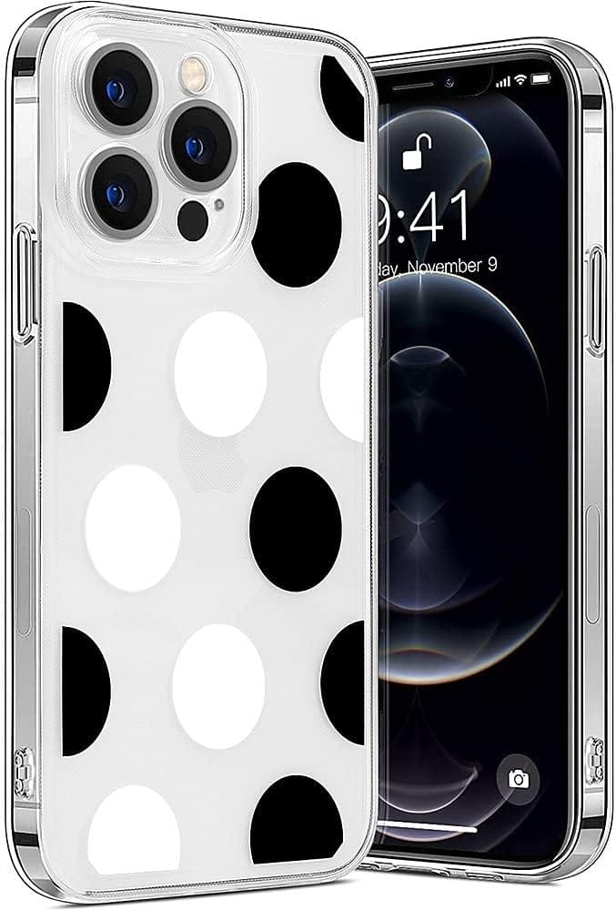 iPhone 14 Pro Max Protection Kit Bundle - Polkadot Hybrid-Flex Hard Shell Case with Tempered Glass Screen and Camera Protector (Clear/Black/White)