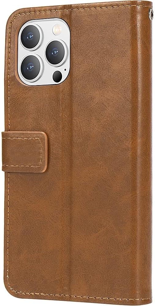 iPhone 14 Pro Max Protection Kit Bundle - Leather Folio Wallet Case with Tempered Glass Screen and Camera Protector (Brown)