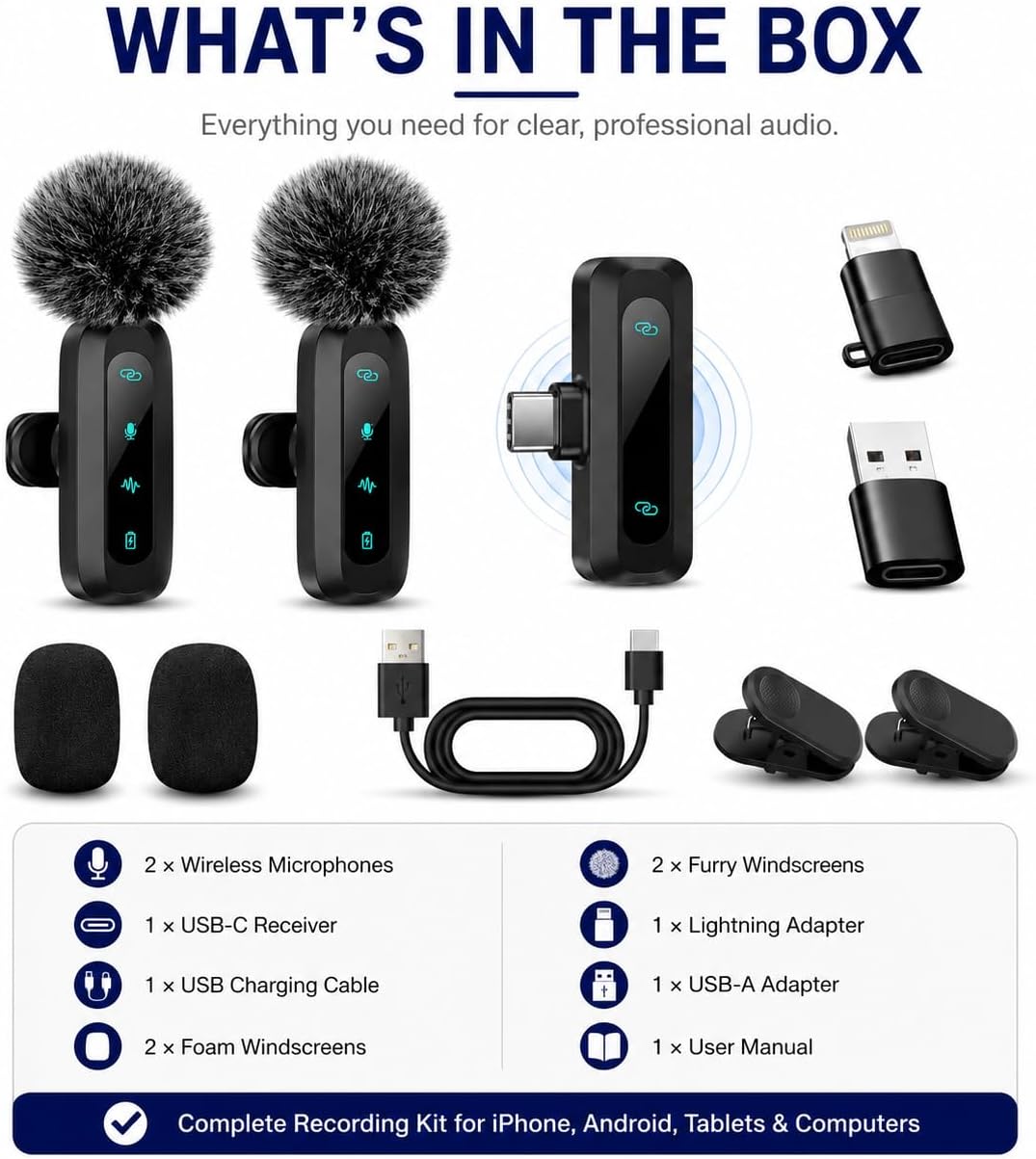 Wireless Lavalier Microphone Kit - Dual Clip-On Mics with USB-C Receiver