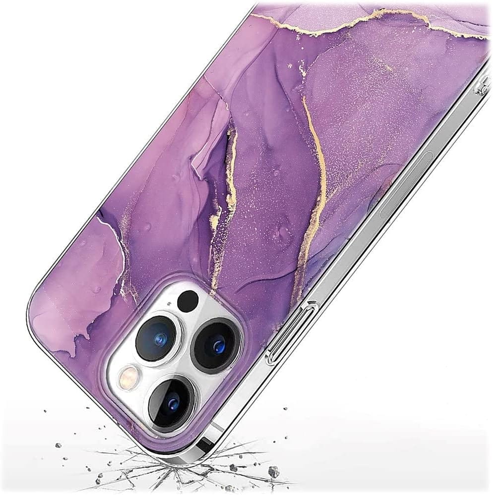 iPhone 14 Pro Max 6.7-inch Protection Kit Bundle - Marble Series Case with Tempered Glass Screen and Camera Protector (Purple Marble)