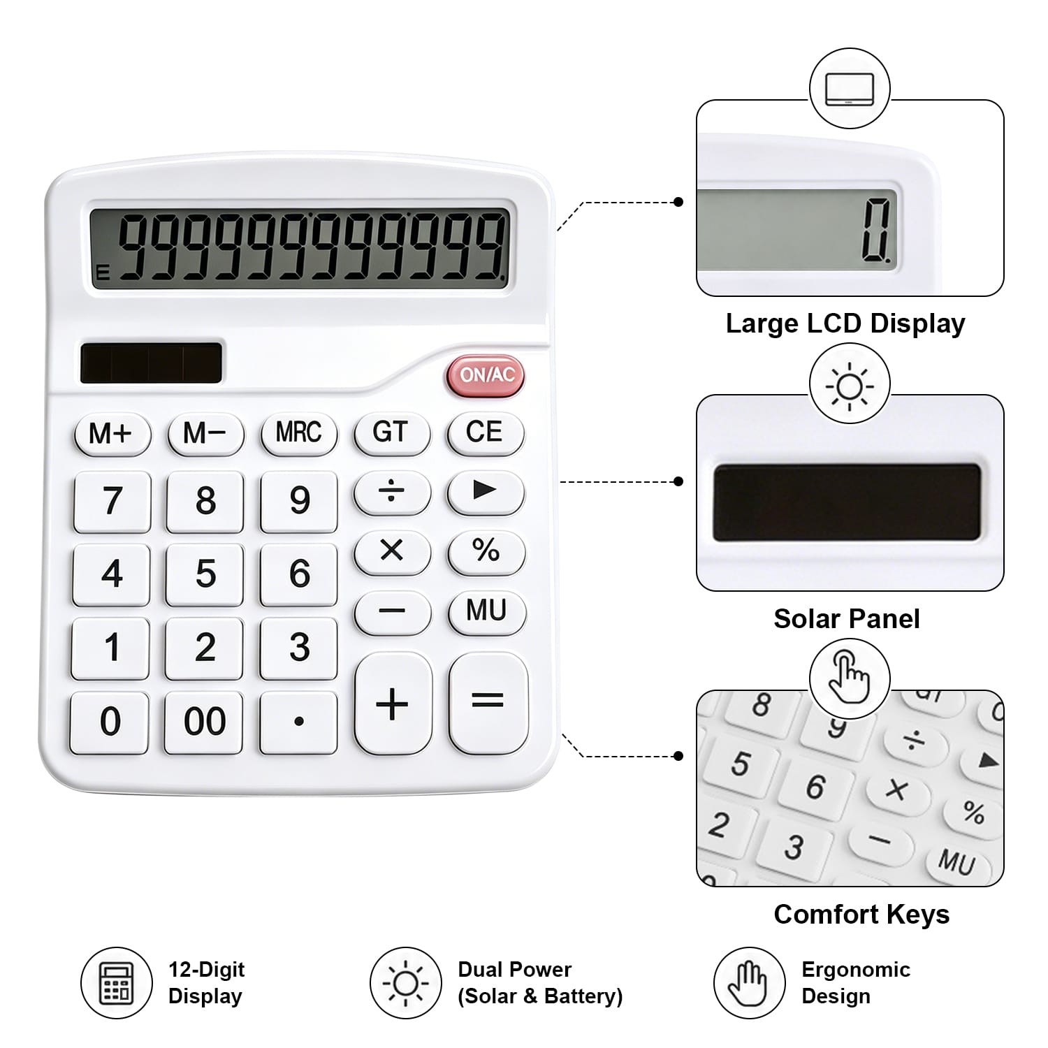 12-Digit Desktop Calculator - Dual Power Solar & Battery