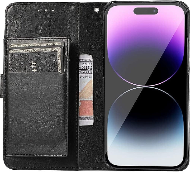 iPhone 14 Pro Max Protection Kit Bundle - Leather Folio Wallet Case with Tempered Glass Screen and Camera Protector (Black)