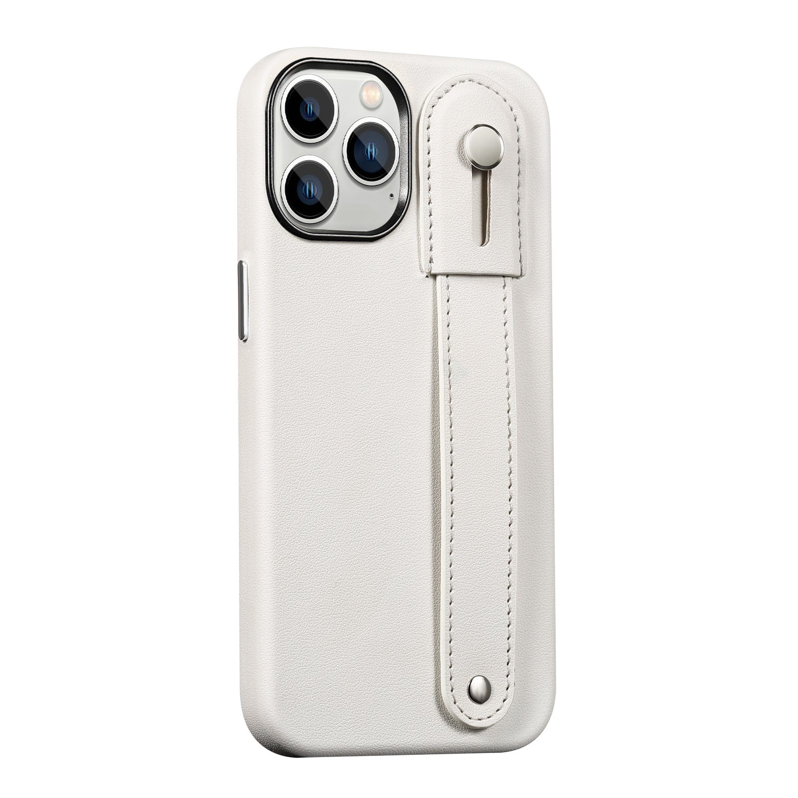 Protection Kit Bundle - Genuine Leather FingerGrip Case with Tempered Glass Screen and Camera Protector for iPhone 15 Pro Max - White