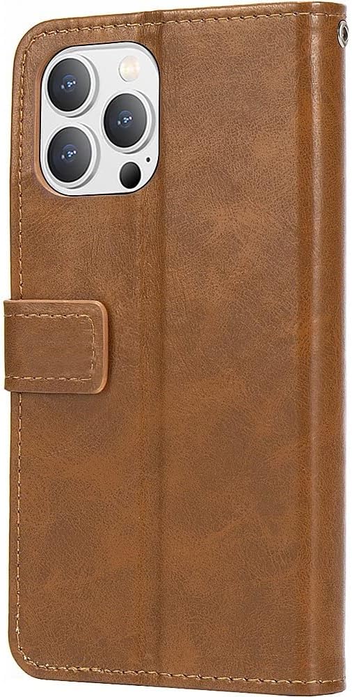 iPhone 14 Pro 6.1-inch Protection Kit Bundle - Folio Wallet Case with Tempered Glass Screen and Camera Protector (Brown)