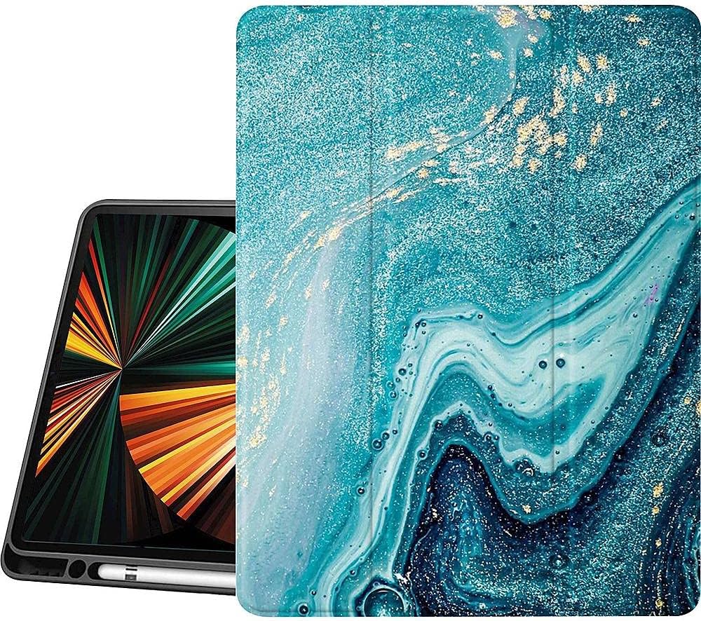 Apple iPad Pro 12.9" (4th,5th, and 6th Gen 2020-2022) Protection Kit Bundle - Marble Series Folio Case with Tempered Glass Screen - Green/Blue