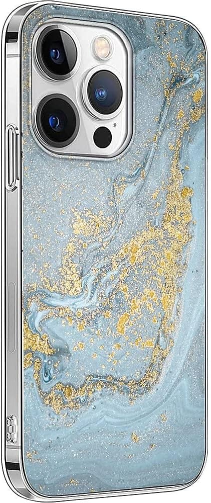 iPhone 14 Pro 6.1-inch Protection Kit Bundle - Marble Series Case with Tempered Glass Screen and Camera Protector (Blue Marble)