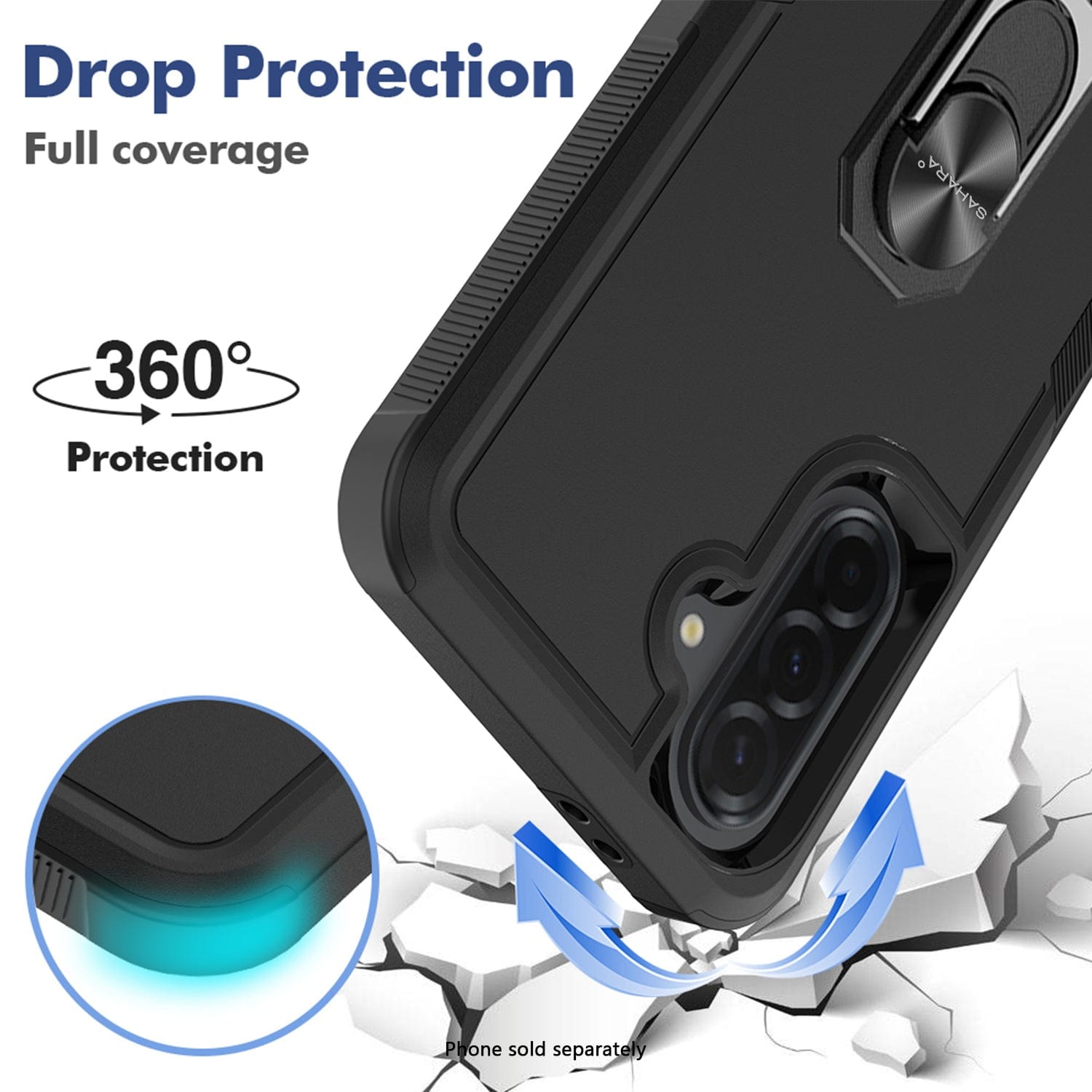 Black phone case with drop protection features on a white background