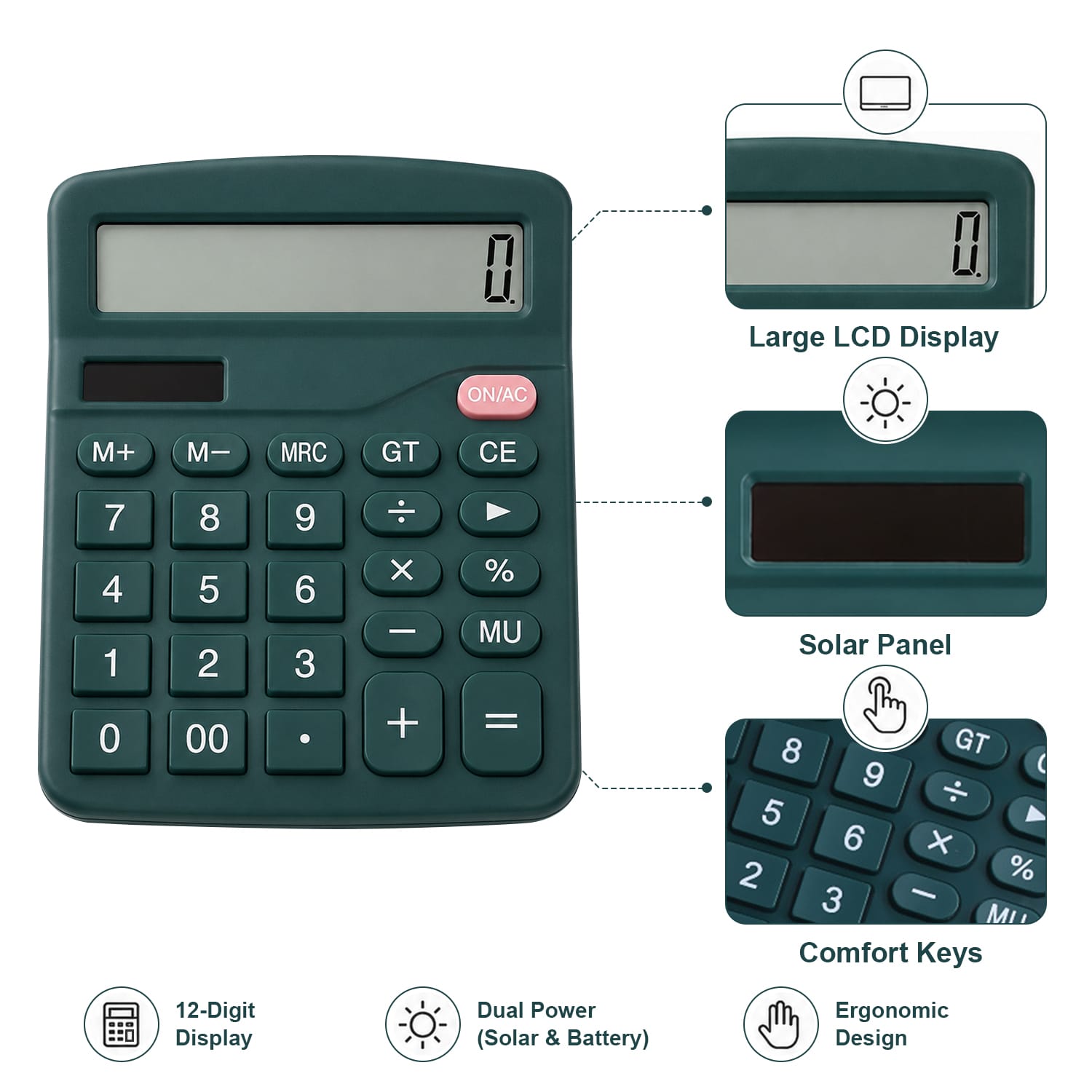 12-Digit Desktop Calculator - Dual Power Solar & Battery