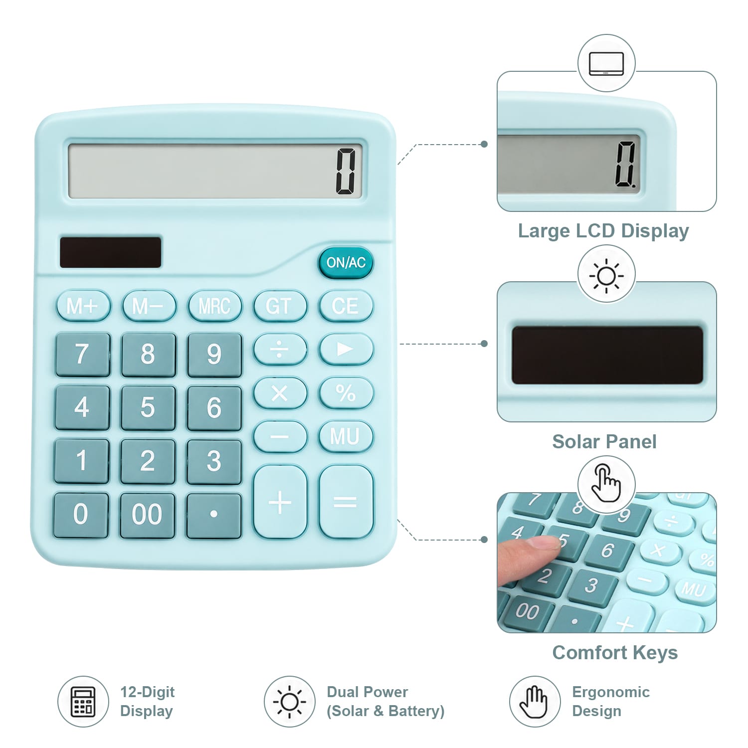 12-Digit Desktop Calculator - Dual Power Solar & Battery