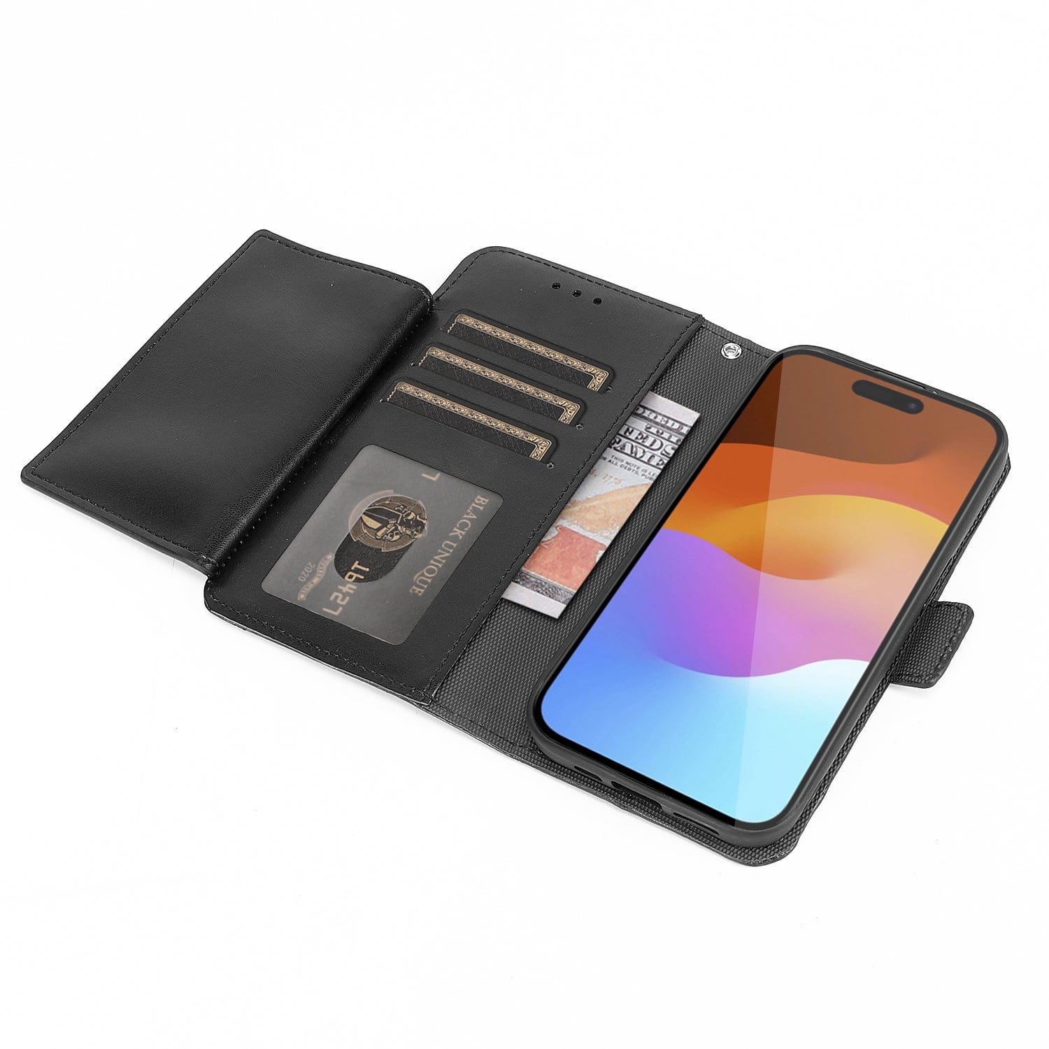 Protection Kit Bundle - Genuine Leather Wallet Case with Tempered Glass Screen and Camera Protector for iPhone 15 Pro Max - Black
