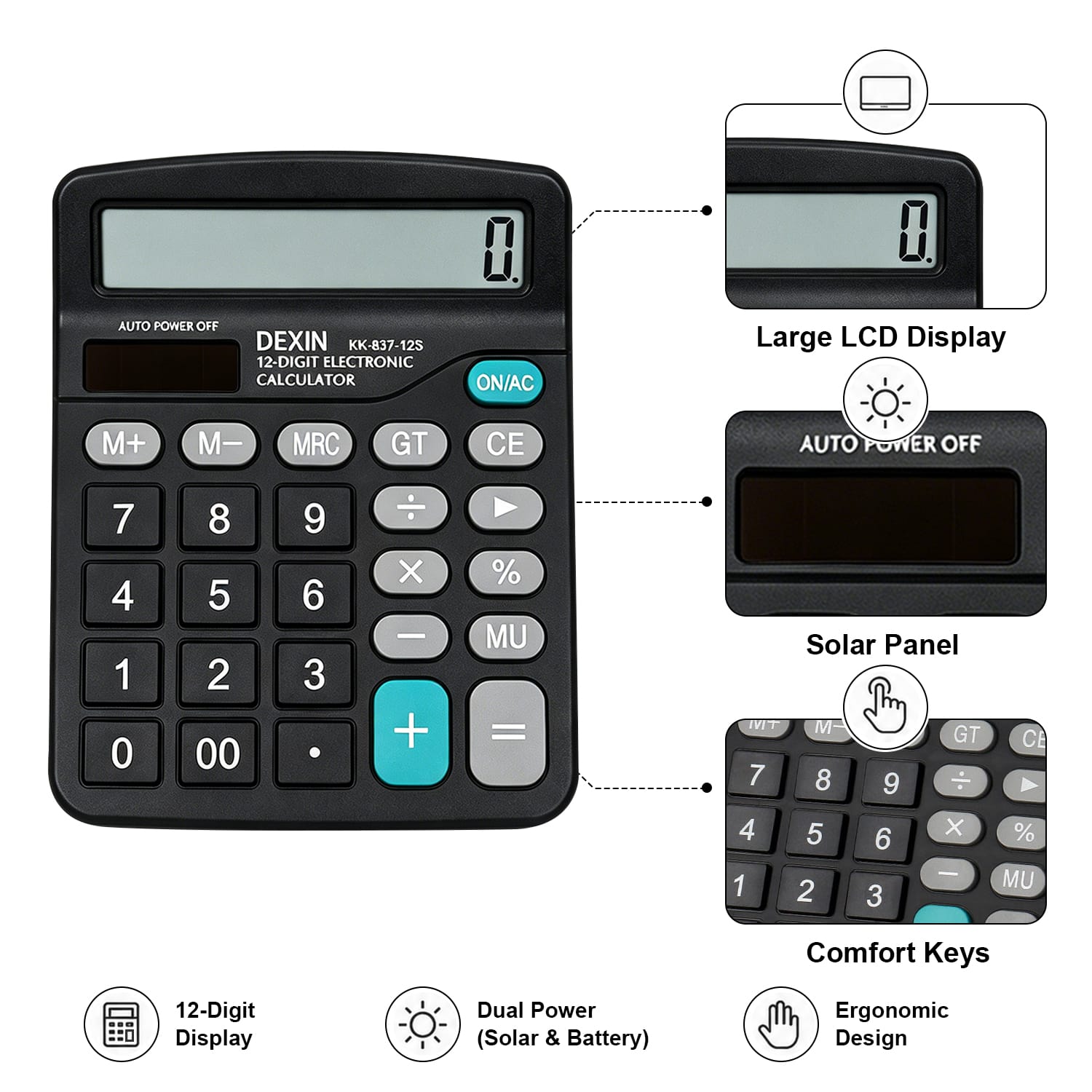 12-Digit Desktop Calculator - Dual Power Solar & Battery