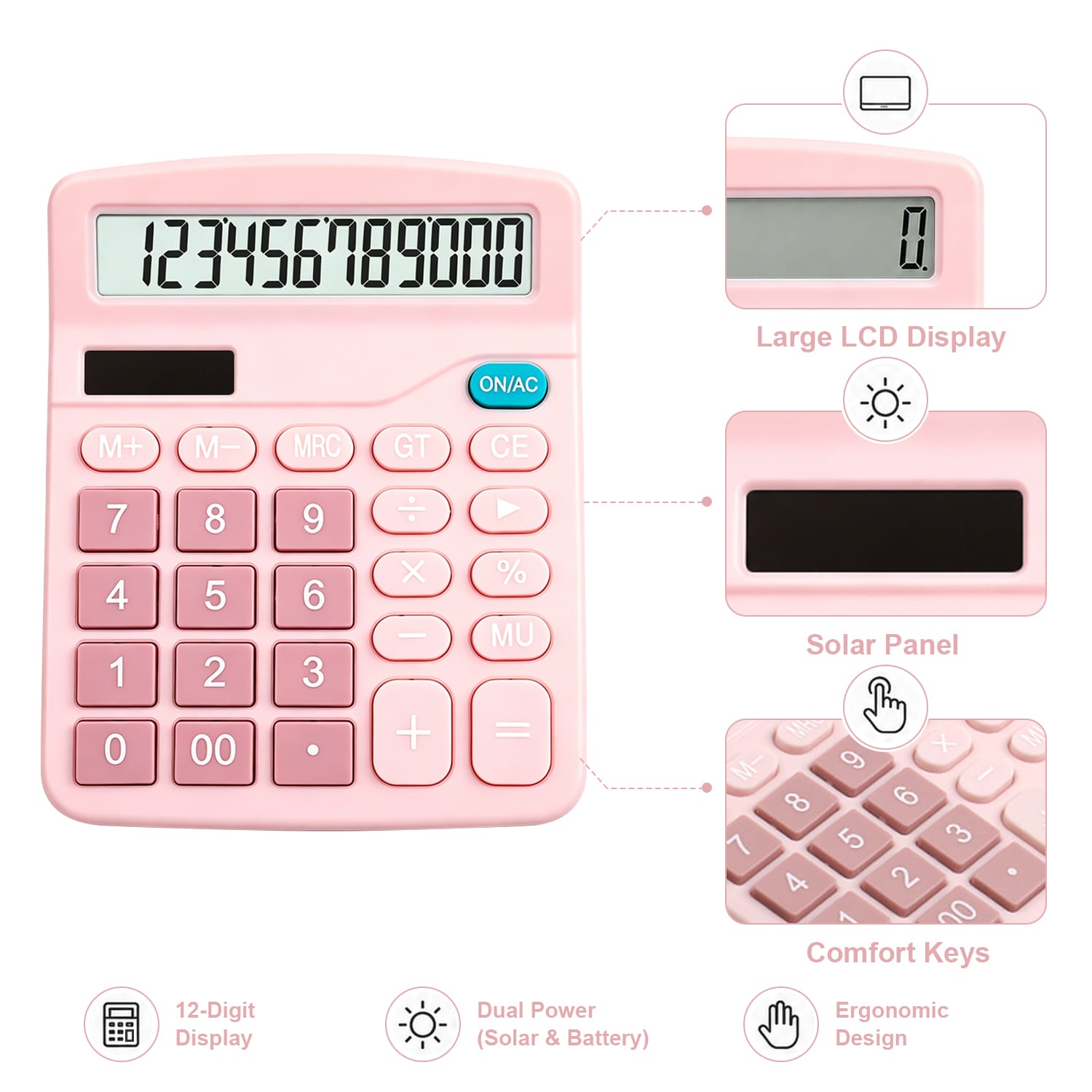 12-Digit Desktop Calculator - Dual Power Solar & Battery