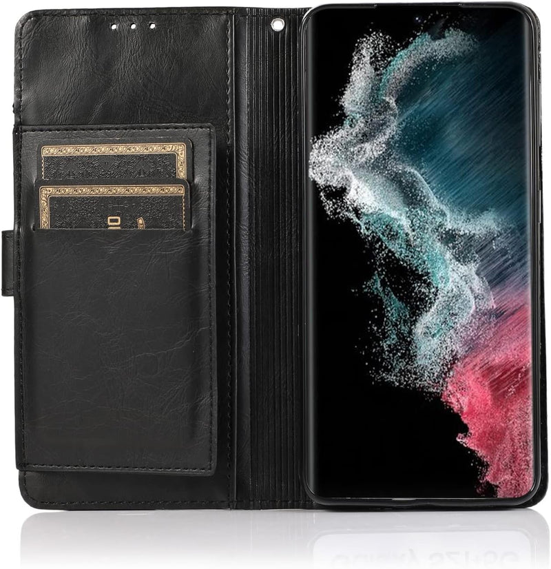 Samsung Galaxy S23 Protection Kit Bundle - Folio Wallet Case with Tempered Glass Screen and Camera Protector - Black