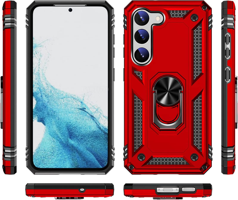 Samsung Galaxy S23 Protection Kit Bundle - Military Kickstand Series with Belt Clip Case with Tempered Glass Screen and Camera Protector - Red
